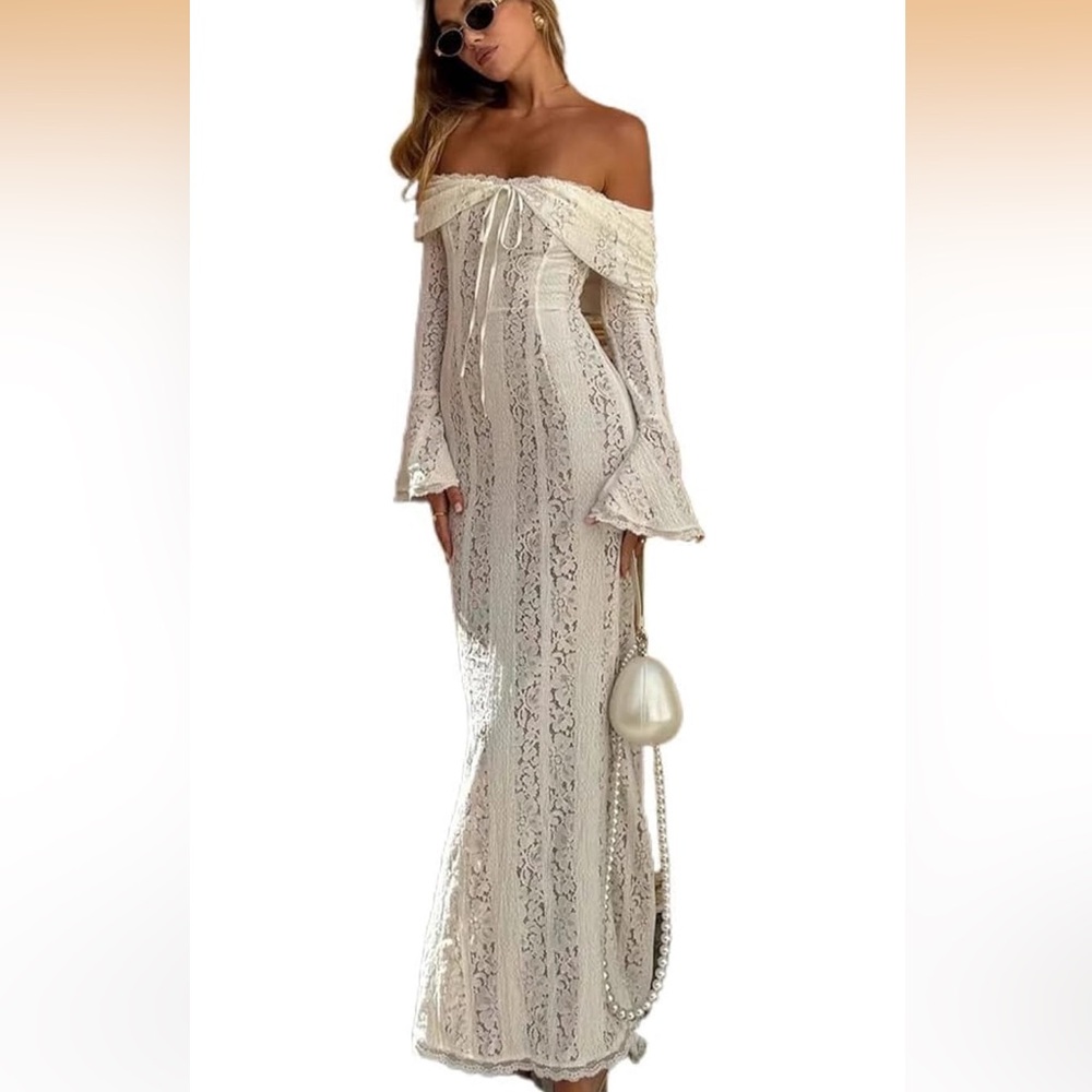 Elegant White and Cream Lace Off-Shoulder Dress